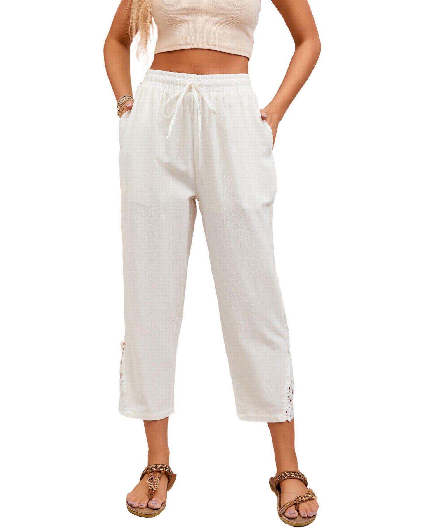 Azura Exchange Lace Splicing Drawstring Casual Cotton Pants - XL