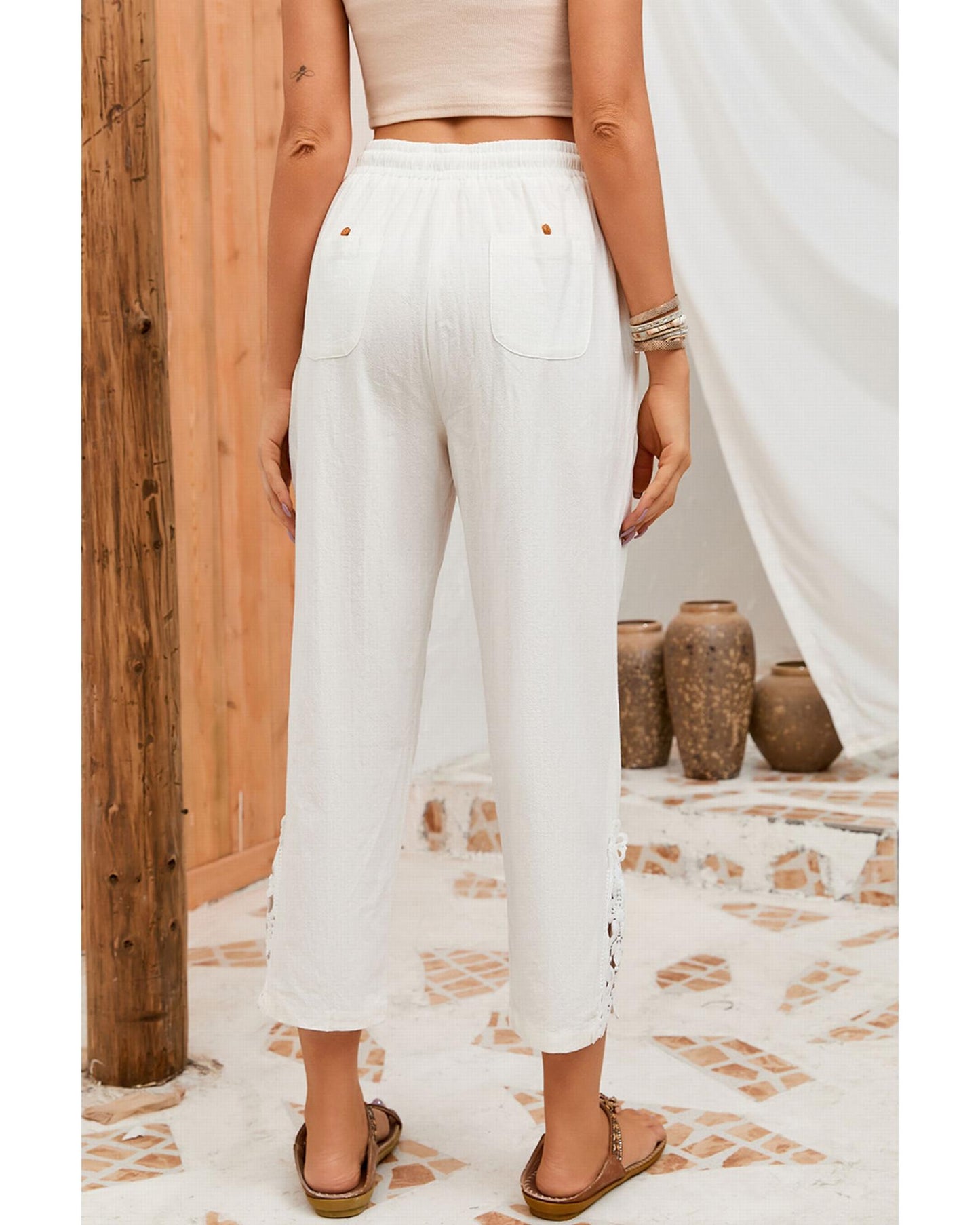 Azura Exchange Lace Splicing Drawstring Casual Cotton Pants - XL