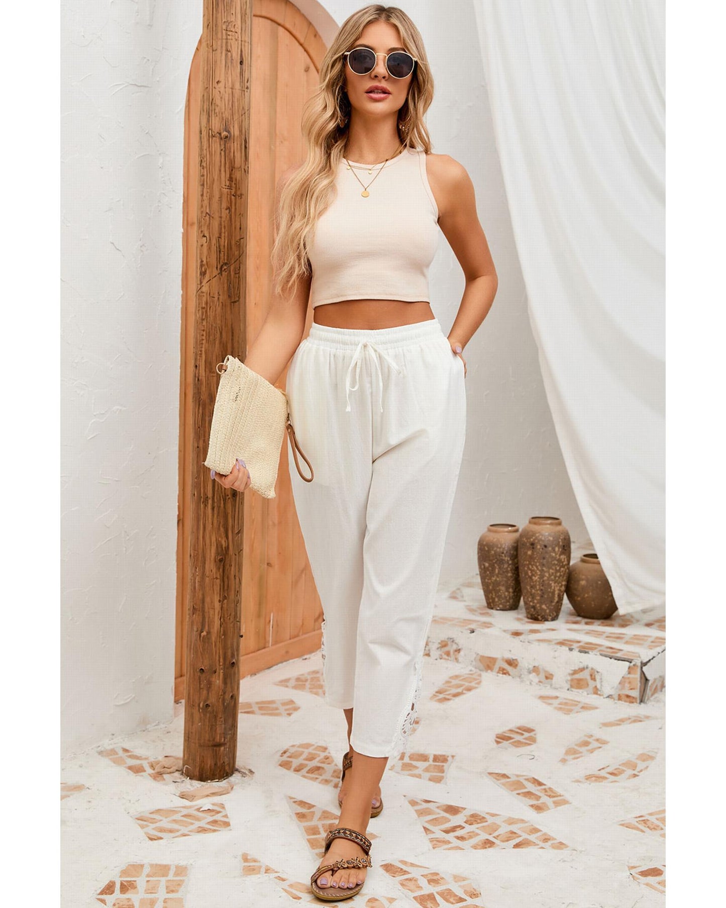 Azura Exchange Lace Splicing Drawstring Casual Cotton Pants - XL