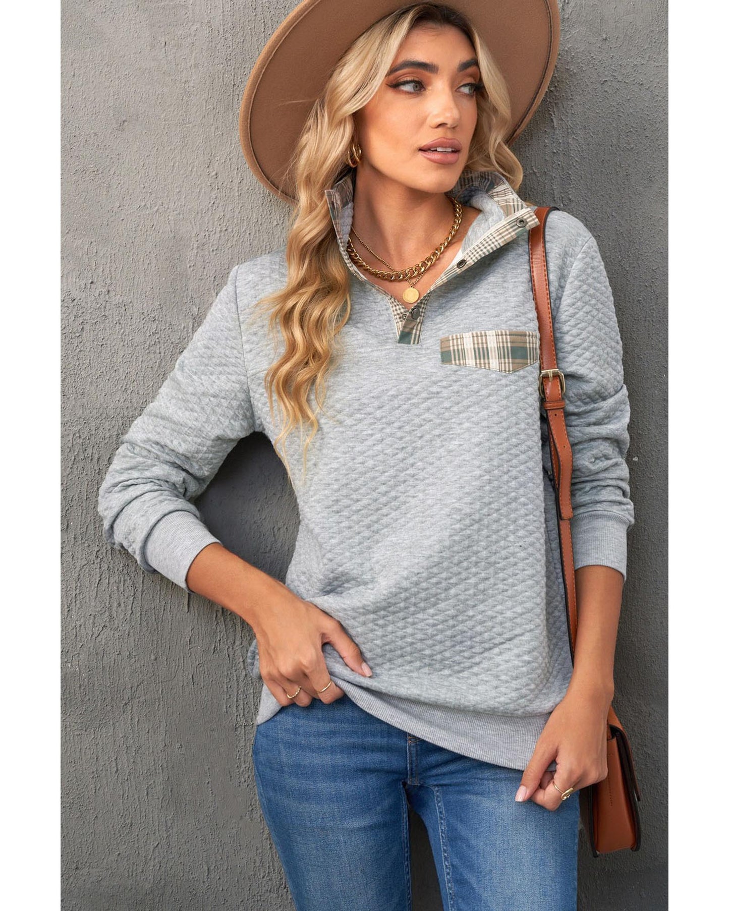 Azura Exchange Quilted Plaid Elbow Patch Sweatshirt - XL