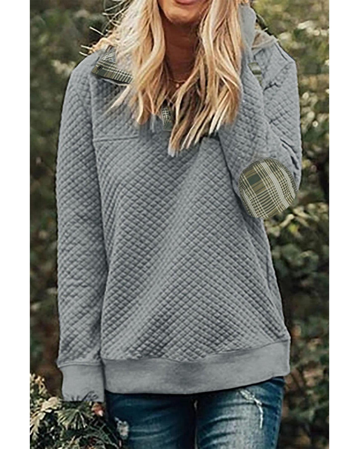 Azura Exchange Quilted Plaid Elbow Patch Sweatshirt - XL