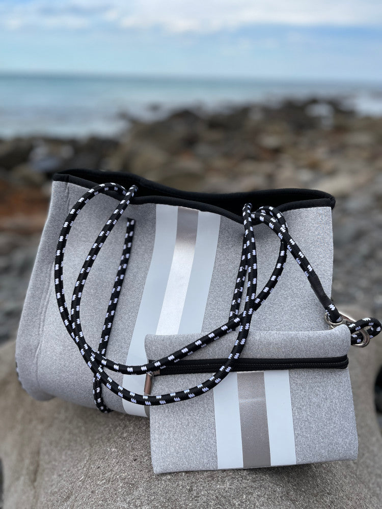 Neoprene Bag - Vegan Tote - 2 Piece Set - Stripe - Grey & Silver