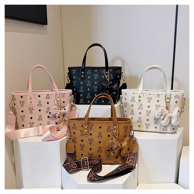 Chic Print Tote Bag with Bear Charm - Versatile Handbag & Crossbody(Beige)