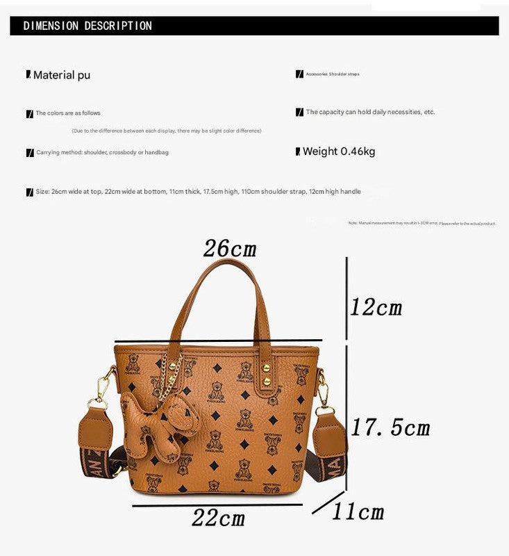 Chic Print Tote Bag with Bear Charm - Versatile Handbag & Crossbody(Beige)