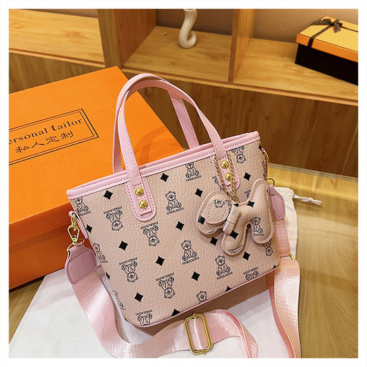 Chic Print Tote Bag with Bear Charm - Versatile Handbag & Crossbody(Pink)
