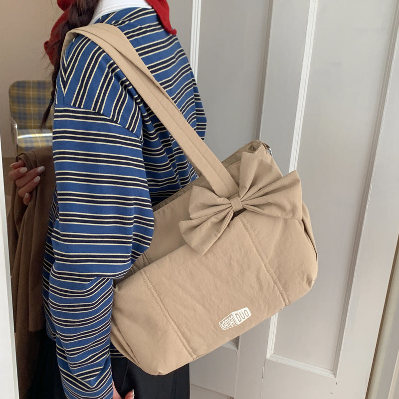 Blue Puffy Quilted Nylon Hobo & Crossbody Bag with Cute Bowknot - Trendy Large-Capacity Handbag with Multiple Compartments
